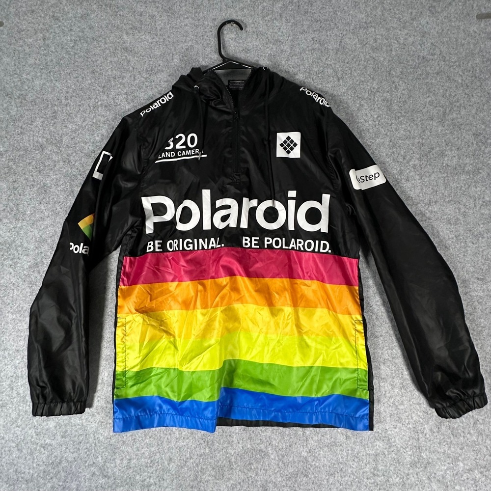 Polaroid Windbreaker Jacket Mens Small Black Rainbow 320 Land Camera Anorak